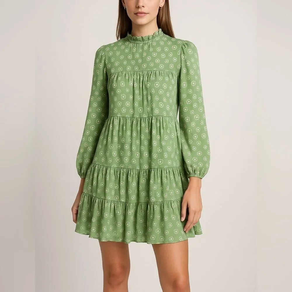 Stella + Gemma Astoria Green Floral Tiered Mini Dress Long Sleeve Size 10